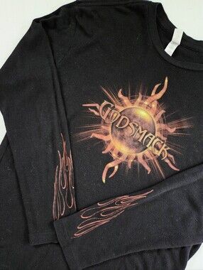 Vintage 90s Y2K Godsmack Long Sleeve Thermal Shirt Flame Sleeves Sun Logo XL